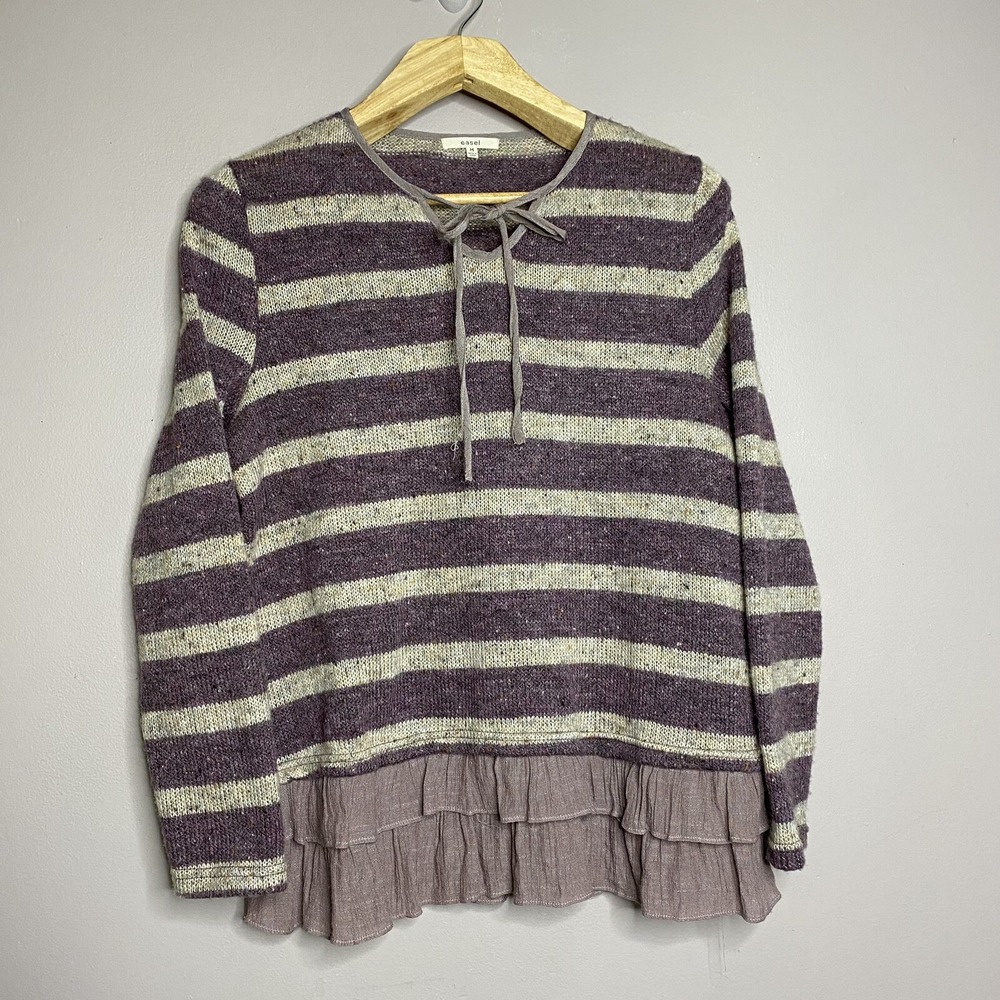 Easel Striped‎ purple and cream ruffle hem V Neck Tunic sweater  Women's Size M